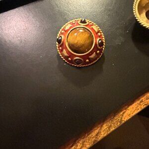 Vintage Enamel Dome Clip Earrings - Tiger's Eye Look - Gold Red Statement